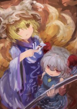 2girls animal_hat between_fingers blonde_hair blue_dress blue_tabard breasts closed_mouth commentary dress fox_tail garakuraku grey_hair hat highres holding horn_ornament horn_ribbon horns kitsune long_sleeves looking_at_viewer mob_cap multiple_girls multiple_tails open_mouth red_eyes red_horns red_sleeves ribbon sheep_horns smile tabard tail touhou toutetsu_yuuma wide_sleeves yakumo_ran yellow_eyes