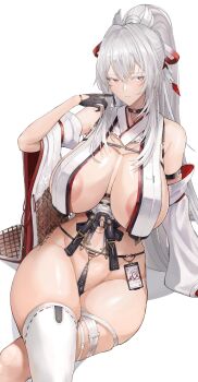 Rule 34 | 1girl, absurdres, adapted costume, alternate costume, areola slip, bare shoulders, black choker, black gloves, breast curtains, breasts, chest harness, choker, closed mouth, colored eyelashes, commentary, curvy, detached sleeves, flat color, gloves, groin, hair ribbon, hand up, harness, highres, hiyuki (wuthering waves), huge breasts, jewelry, long hair, looking at viewer, mole, mole on shoulder, mole under eye, necklace, nontraditional miko, pelvic curtain, ponytail, red eyes, red ribbon, revealing clothes, ribbon, shirt, simple background, sitting, solo, striped clothes, tacet mark (wuthering waves), thick thighs, thighs, variant set, vertical-striped clothes, white background, white hair, white shirt, wuthering waves, yusha m