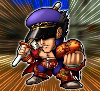 Rule 34 | 1boy, action lines, armor, bahn, bandaged chest, bandaged hand, black hair, blue jacket, chibi, clenched hands, fighting vipers, hat, hat over eyes, hidden eyes, jacket, muscular, muscular male, open clothes, open jacket, sega, short hair, shoulder armor, spiked hair, toothpick, westmaison