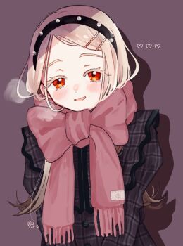 Rule 34 | 1girl, black coat, black hairband, blonde hair, blush, bow, breath, coat, collared coat, colored eyelashes, commentary request, drop shadow, enpera, flipped hair, gakuen idolmaster, gradient hair, grey hair, hair ornament, hairband, hairclip, heart, highres, idolmaster, long hair, long sleeves, looking at viewer, multicolored hair, open mouth, orange eyes, parallel hairclips, parted bangs, plaid clothes, plaid coat, red scarf, scarf, scarf bow, shinosawa hiro, simple background, smile, solo, syrup7979, upper body, v arms