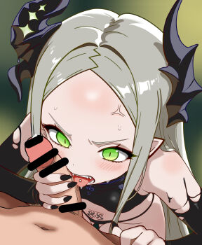 1boy 1girl absurdres anger_vein black_horns black_nails fangs fellatio goddess_of_victory:_nikke green_eyes grey_hair hetero highres horns kizukamiyaa leviathan_(nikke) licking licking_penis liquid_clothes looking_at_penis oral penis penis_grab piercing pointy_ears pov pubic_tattoo sweat tattoo tongue_piercing