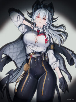 1girl absurdres ahoge arm_up black_gloves black_horns black_pants black_tail button_gap collared_shirt commentary curled_horns demon_tail earrings gloves grey_hair hair_between_eyes high-waist_pants highres horns jewelry key_earrings long_hair looking_at_viewer multicolored_hair necktie pants parted_lips red_eyes red_necktie shadow shirt shirt_tucked_in solo streaked_hair tail tight_clothes tight_pants twitter_username white_shirt wuthering_waves yang_cho_(mxve7874) zani_(wuthering_waves)