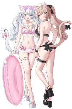 2girls animal_ear_fluff animal_ears ass bare_shoulders bikini black_bikini blonde_hair blue_eyes blush bow bracelet breasts cat_ears cat_girl cat_tail cleavage collarbone eyewear_on_head full_body grey_hair hair_bow hair_ornament heart heart-shaped_eyewear highres innertube jewelry kuroyuki_0713 large_breasts legs long_hair looking_at_viewer medium_breasts multiple_girls navel necklace open_mouth original pink_bikini platform_sandals red_eyes sandals simple_background smile stomach sunglasses swim_ring swimsuit tail tail_bow tail_ornament thigh_strap tinted_eyewear white_background