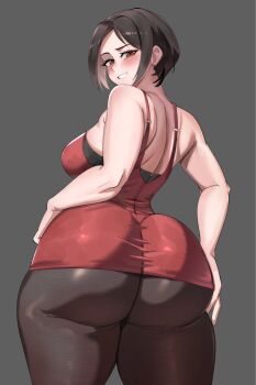 ada_wong ass blush brown_eyes brown_hair commentary dress english_commentary from_behind goddess_of_victory:_nikke grey_background highres huge_ass looking_at_viewer pantyhose red_dress resident_evil resident_evil_4 simple_background smile thighs ytrall