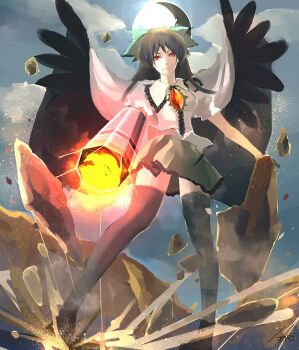 1girl arm_cannon backlighting black_thighhighs black_wings bow breasts brown_hair cape center_frills closed_mouth collared_shirt eclipse feathered_wings frilled_shirt_collar frilled_skirt frills full_body green_bow green_skirt hair_bow head_tilt long_hair looking_at_viewer medium_breasts moedai outdoors puffy_short_sleeves puffy_sleeves red_eyes reiuji_utsuho shirt short_sleeves skirt solar_eclipse solo standing sun thighhighs third_eye_on_chest touhou weapon white_cape white_shirt wings