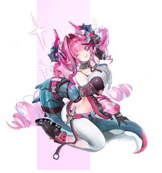 1girl ;d absurdres aqua_eyes arknights arknights:_endfield arm_up bare_shoulders black_gloves blue_eyes blue_hair boots breasts chinese_commentary commentary_request crop_top deer_gu_fu_fu_ball detached_sleeves dragon_girl dragon_horns dragon_tail drill_hair fang full_body gloves hair_intakes highres horns large_breasts long_hair long_sleeves looking_at_viewer multicolored_hair one_eye_closed open_mouth pants pink_hair pointy_ears skin_fang smile solo streaked_hair tail twintails white_pants yvonne_(arknights)