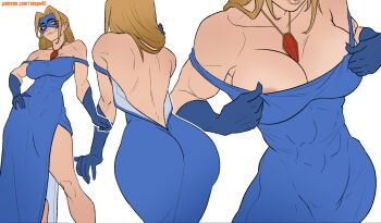 1girl areola_slip ass bare_back bare_shoulders blonde_blazer blonde_hair blue_eyes blue_gloves blue_mask breasts cleavage closed_mouth clothes_pull collarbone covered_abs covered_navel cowboy_shot dispatch dress_pull elbow_gloves eye_mask feet_out_of_frame from_behind gem gloves hand_on_own_hip highres jewelry large_breasts leaning_forward lips long_hair looking_to_the_side mask muscular muscular_female necklace nose outline patreon_username red_gemstone sidelocks simple_background smile stopu white_background white_outline