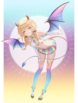 Rule 34 | 1girl, akiyomi, ankle boots, aqua thighhighs, bare shoulders, black ribbon, blonde hair, blue nails, blue skirt, blue thighhighs, blue wings, blush, boots, braid, breasts, bridal gauntlets, brown eyes, brown horns, collarbone, commentary, commentary request, crop top, demon tail, english commentary, fingernails, fujita kotone, full body, gakuen idolmaster, gradient thighhighs, gradient wings, hair ornament, half-closed eyes, highres, horns, idolmaster, leaning forward, long hair, looking at viewer, low twin braids, microskirt, mixed-language commentary, multicolored nails, multicolored skirt, multicolored thighhighs, multicolored wings, nail polish, navel, paid reward available, pink thighhighs, purple thighhighs, purple wings, red nails, red skirt, ribbon, skirt, sleeveless, small breasts, smile, stomach, tail, thigh strap, thighhighs, thighs, twin braids, twitter username, white boots, white bridal gauntlets, white nails, wings, yellow nails, yellow skirt, zettai ryouiki