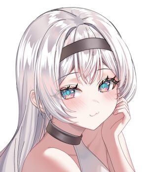 1girl :3 aqua_eyes bare_shoulders black_hairband blush closed_mouth collarbone devl_ga_aru dress firefly_(honkai:_star_rail) grey_hair hair_between_eyes hair_ornament hairband highres honkai:_star_rail honkai_(series) long_hair looking_at_viewer simple_background sleeveless sleeveless_dress smile solo white_background