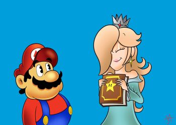 1boy 1girl black_hair blonde_hair blue_dress book crown dress earrings expressionless facial_hair hair_over_one_eye hat highres holding holding_book jewelry long_hair looking_at_another mario mario_(series) mustache nintendo overalls rosalina smile standing super_mario_galaxy super_star_(mario)