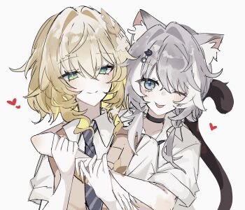 2girls ;p aglaea_(honkai:_star_rail) alternate_costume animal_ear_fluff animal_ears blue_eyes cat_ears cat_tail cipher_(honkai:_star_rail) flower green_eyes hair_flower hair_ornament hairclip heart highres honkai:_star_rail honkai_(series) hug hug_from_behind hyb_muyuu multiple_girls necktie one_eye_closed school_uniform shirt smile sweater_vest tail tongue tongue_out white_streaks