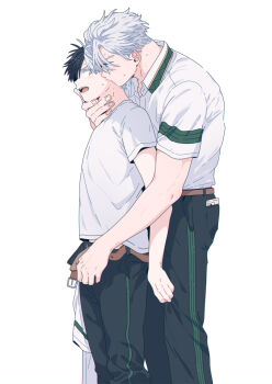 2boys belt black_hair brown_belt cellphone collared_shirt commentary cowboy_shot from_side height_difference kiss kissing_cheek lemonmelon00 looking_at_viewer male_focus multicolored_hair multiple_boys open_mouth pants phone phone_in_pocket pocket sakura_haruka_(wind_breaker) shirt shirt_tucked_in short_hair simple_background smartphone split-color_hair teeth tongue two-tone_hair umemiya_hajime undressing_another upper_teeth_only white_background white_hair white_shirt wind_breaker_(nii_satoru) yaoi yellow_eyes