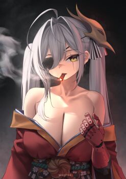 1girl absurdres ahoge alternate_hairstyle artist_name azur_lane bare_shoulders bird_mask bow breasts brown_eyes cigar cleavage collarbone commentary_request cosplay dark_background english_text eyepatch grey_hair hair_between_eyes hair_intakes hakuhou_(azur_lane) highres japanese_clothes kimono large_breasts long_hair mask mask_on_head mechanical_arms metal_gear_(series) metal_gear_solid_v:_the_phantom_pain obi prosthesis prosthetic_arm red_kimono sash scar scar_across_eye scar_on_face sidelocks single_mechanical_arm smoke smoking solo striped_bow taihou_(azur_lane) taihou_(azur_lane)_(cosplay) twintails upper_body venom_snake venom_snake_(cosplay) very_long_hair whitter wide_sleeves