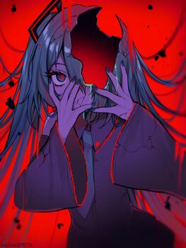 1girl artist_name cracked_skin hands_on_own_face hands_up hatsune_miku highres long_hair long_sleeves looking_at_viewer marshmallow_(vocaloid) nail_polish necktie red_background solo twintails upper_body vickie_(cryingrobot) vocaloid wide_sleeves