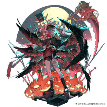 1girl boots chain commentary_request full_moon gloves hat holding holding_scythe jack-o'-lantern moon mura_karuki original platform_boots polearm pumpkin red_eyes red_gloves scythe skull spear sword weapon