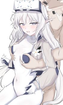 1boy 1girl absurdres blue_archive blush bodysuit breasts commentary_request covered_erect_nipples covered_navel cropped_jacket earclip goggles goggles_on_head grabbing_another's_breast grabbing_from_behind groping halo head-mounted_display highres himari_(blue_archive) himari_(bodysuit)_(blue_archive) mole mole_under_eye multicolored_halo pointy_ears sk_(sk1202) small_breasts solo_focus trembling two-tone_halo white_background white_bodysuit white_halo