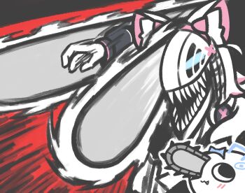 2girls :3 absurdres animal_ears blush chainsaw_devil chainsaw_man chibi commentary crossover dog_ears english_commentary fake_horns fang fangs fuwawa_abyssgard hair_ornament headphones headphones_around_neck highres hololive hololive_english horns miyaoo1224 mococo_abyssgard motion_blur motion_lines multiple_girls pochita_(chainsaw_man) ribbon very_big_eyes virtual_youtuber x_hair_ornament