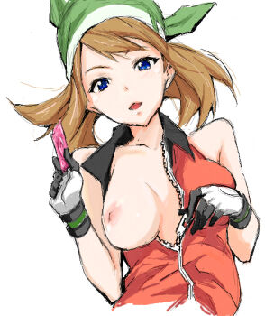 00s 1girl alternate_breast_size_(larger) alternate_costume bad_id bad_pixiv_id bandana blue_eyes breast_slip breasts brown_hair condom female_focus gloves hat holding holding_condom large_breasts may_(pokemon) may_(pokemon_emerald) naughty_face nintendo nipples one_breast_out pokemon pokemon_rse solo toru_k unzipping