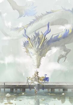 Rule 34 | 1girl, absurdres, ambience synesthesia, arknights, blonde hair, blue hair, chinese commentary, choker, colored extremities, commentary request, dragon, dragon girl, dragon horns, eastern dragon, eastern dragon horns, floating hair, flower, gradient hair, hair flowing over, hair intakes, highres, horns, jewelry, lake, long hair, looking at viewer, multicolored hair, necklace, official alternate costume, outdoors, pearl necklace, pointy ears, reflection, reflective liquid, shu (arknights), shu (bingwenyuyou) (arknights), sitting, solo, vase, very long hair, water, white flower, white hair, xihucuyuyu, yellow choker, yellow hands