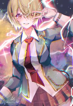 108shizuku 1girl brown_hair commentary_request hair_ornament hairpin heaven_burns_red highres kayamori_ruka looking_at_viewer necktie red_eyes school_uniform signature twitter_username v