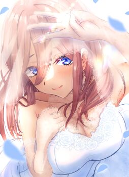 1girl absurdres bare_shoulders blue_eyes breasts bridal_veil brown_hair closed_mouth collarbone commentary_request dress falling_petals go-toubun_no_hanayome hair_between_eyes hand_on_own_chest hands_up highres large_breasts long_hair long_hair_between_eyes looking_at_viewer nakano_miku noelia petals solo strapless strapless_dress upper_body veil wedding_dress white_dress