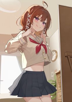 1girl :q ahoge black_skirt brown_hair buttons closed_mouth commentary_request cowboy_shot crop_top crop_top_overhang hair_ornament hands_up highres index_fingers_raised indoors long_sleeves medium_hair midriff miniskirt navel neckerchief original pink_eyes pleated_skirt red_neckerchief sailor_collar school_uniform shirt skirt smile solo tongue tongue_out v-shaped_eyebrows white_sailor_collar white_shirt x_hair_ornament yushima