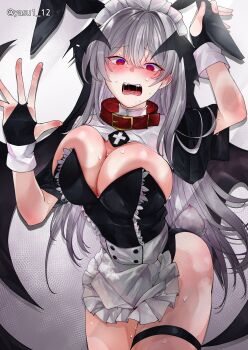 1girl @_@ against_fourth_wall animal_ear_hairband animal_ears apron ass black_gloves blush breast_press breasts bridal_gauntlets collar demon_girl demon_wings double-parted_bangs facing_viewer fake_animal_ears fake_tail fangs flustered furrowed_brow gloves grey_hair guimpe haagyu hair_between_eyes hairband hand_on_headwear head_wings highres huge_breasts long_hair looking_at_viewer maid maid_apron maid_headdress maid_leotard nontraditional_playboy_bunny original rabbit_ears red_collar red_eyes saliva saliva_trail solo sweat tail teeth thigh_strap unconventional_maid upper_teeth_only veil very_long_hair white_background wings