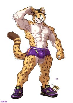 1boy abs animal_ears backwards_hat bara baseball_cap biceps boxer_briefs broad_shoulders bulge calves cheetah_boy full_body furry furry_male green_eyes green_shoes grin groin hair_through_headwear hat highres kumak large_pectorals leopard_ears leopard_tail male_focus male_underwear multicolored_shoes muscular muscular_arms muscular_male navel nipples original pectorals purple_male_underwear purple_shoes shoes simple_background smile sneakers solo tail thick_thighs thighs triceps two-tone_male_underwear two-tone_shoes underwear white_background wide-eyed