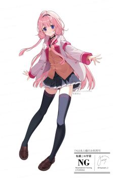 1girl armband black_skirt black_thighhighs bow bowtie brown_shoes closed_mouth full_body highres jacket loafers long_hair long_sleeves looking_at_viewer miyanami_3 nijisanji open_clothes open_jacket pink_armband pink_bow pink_bowtie pink_hair shoes simple_background skirt smile solo standing suo_sango thighhighs virtual_youtuber white_background white_jacket