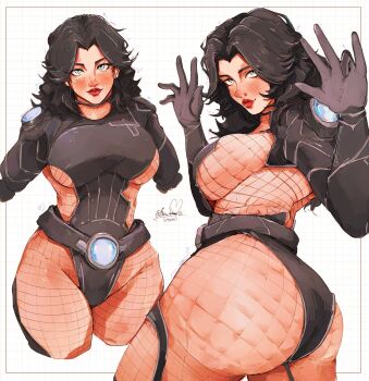 1girl alternate_hair_color ass black_hair blue_eyes blush bodystocking bon_drawr breasts closed_mouth commentary curvy english_commentary fishnet_bodystocking fishnets highleg highleg_leotard highres large_breasts leotard light_smile long_sleeves looking_back marvel marvel_rivals multiple_views parted_lips revealing_clothes shiny_skin signature simple_background sue_storm thong_leotard white_background wide_hips