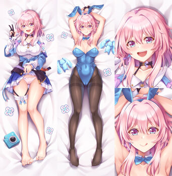 1girl :q alternate_costume animal_ear_hairband animal_ears arms_up barefoot black_choker black_gloves blue_bow blue_bowtie blue_hairband blue_leotard blush bow bowtie breasts brown_pantyhose camera choker clothes_lift commentary_request covered_navel cuddly_octopus dakimakura_(medium) detached_collar fake_animal_ears full_body gloves gradient_eyes hairband honkai:_star_rail honkai_(series) large_breasts leotard lifting_own_clothes long_sleeves looking_at_viewer lying march_7th_(honkai:_star_rail) multicolored_eyes multiple_views no_shoes on_back open_mouth panties pantyhose partially_fingerless_gloves pink_hair pink_panties playboy_bunny pleated_skirt purple_skirt rabbit_ear_hairband rabbit_ears shirt short_hair sidelocks single_glove skirt skirt_lift smile strapless strapless_leotard stuffed_animal stuffed_rabbit stuffed_toy suzu_miya teeth thigh_strap tongue tongue_out underwear upper_teeth_only v white_shirt
