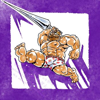 1boy abs armpit_hair bara barefoot beard beard_over_mouth boxers brown_hair bulge commentary_request facial_hair food_print fruit_print full_beard holding holding_polearm holding_weapon large_pectorals makaimura male_focus male_underwear nipples noda_gaku one-hour_drawing_challenge pectorals polearm short_hair sir_arthur_(makaimura) solo strawberry_print underwear underwear_only weapon