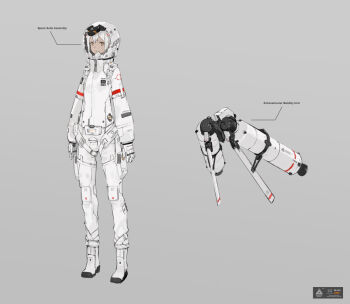 1girl astronaut boots brown_eyes chart closed_mouth commentary english_text female_focus full_body gloves grey_background helmet jetpack looking_at_viewer neco original sidelocks simple_background solo space_helmet spacesuit standing white_gloves white_hair