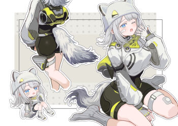 1girl ;o animal_ears animal_hat arknights arknights:_endfield ass beanie between_legs black_shorts border breasts commentary_request cropped_legs estella_(arknights) fake_animal_ears fingerless_gloves gloves grey_background grey_gloves grey_hair grey_hat grey_socks hand_between_legs hand_to_own_mouth hand_up hat highres jacket long_sleeves looking_at_viewer medium_breasts multiple_views no_shoes one_eye_closed open_mouth outline puffy_long_sleeves puffy_sleeves ribbed_socks shorts sitting socks tail touchika wariza white_border white_jacket white_outline yawning