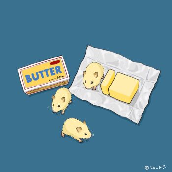 animal_focus animal_hands blue_background butter commentary_request english_text food food-themed_creature food_wrapper hamster no_humans original simple_background upiupisyo yellow_fur