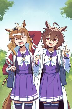 2girls :d agnes_tachyon_(umamusume) ahoge animal_ears arm_behind_head arm_up bag blue_bag blue_sky bow bowtie braid brown_hair coat commentary_request cowboy_shot crossed_bangs day ear_ornament earrings hair_between_eyes hair_ornament hairclip half_up_braid highres holding holding_test_tube horse_ears horse_girl horse_tail huge_ahoge jacket jewelry jungle_pocket_(umamusume) korean_commentary lab_coat long_sleeves mazu1kan medium_hair multiple_girls notched_ear open_clothes open_jacket open_mouth outdoors pleated_skirt purple_shirt purple_skirt purple_thighhighs red_eyes school_bag school_uniform shirt shoulder_bag single_earring skirt sky smile standing tail teeth test_tube thighhighs tracen_school_uniform track_jacket umamusume upper_teeth_only white_bow white_bowtie white_coat winter_uniform yawning zipper