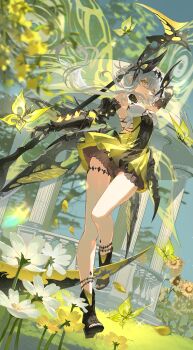 1girl absurdres arthropod_girl bare_legs bare_shoulders black_shoes breasts chinese_commentary commentary_request crossed_bangs dress duet_night_abyss full_body green_dress green_eyes guaisanmu hair_between_eyes hair_ornament hand_to_weapon highres holding holding_scythe holding_weapon insect_wings long_hair oversized_wings psyche_(duet_night_abyss) scythe shoes solo weapon white_hair wings