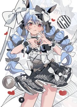 1girl :q absurdres animal_ear_fluff animal_ears black_bow black_dress black_nails black_sleeves blue_hair blush bow braid breasts choker commentary_request cowboy_shot dress dress_bow fingernails frilled_choker frilled_dress frills hair_bow hair_ornament heart heart_hands highres hololive jewelry long_hair looking_at_viewer nail_polish necklace pearl_necklace petticoat rabbit_ears rabbit_girl red_eyes short_sleeves solo standing striped_bow tongue tongue_out twin_braids twintails two-tone_dress usada_pekora virtual_youtuber white_bow white_dress white_hair yoganeko zoom_layer