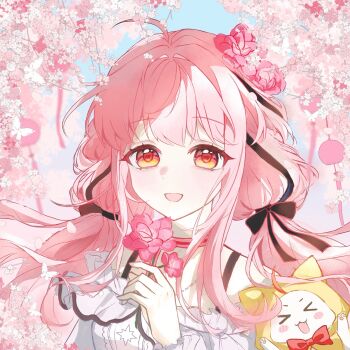 Rule 34 | > <, 1girl, ahoge, bare shoulders, bead necklace, beads, black bow, black ribbon, blue sky, blush stickers, bow, bowtie, bra strap, brown eyes, bug, butterfly, cherry blossoms, choker, cloak, commentary request, day, dengruzhou03216, dot nose, ear covers, eyelashes, floating hair, flower, frilled sleeves, frills, hair bow, hair intakes, hair ribbon, happy, highres, holding, holding flower, hood, hood up, hooded cloak, infinity nikki, insect, jewelry, light blush, long hair, long sidelocks, long sleeves, low twintails, momo (nikki), neck ribbon, necklace, nikki (nikki), nikki (series), off-shoulder shirt, off shoulder, open mouth, outdoors, perfect start (infinity nikki), pink choker, pink flower, pink hair, puffy long sleeves, puffy sleeves, red bow, red bowtie, ribbon, ribbon choker, shirt, sidelocks, single stripe, sky, smile, solo, spring (season), striped choker, striped ribbon, traditional bowtie, tress ribbon, twintails, upper body, very long hair, wavy hair, white shirt, wind chime, yellow cloak