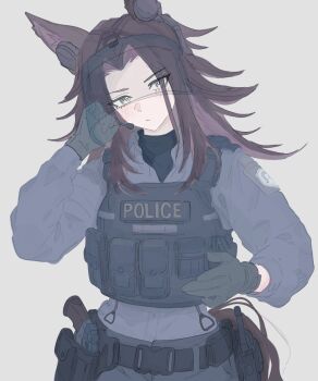 1girl animal_ears belt black_gloves black_hair bulletproof_vest commentary english_commentary fenomeno_(umamusume) gloves grey_shirt gun highres holster horse_ears horse_girl horse_tail long_hair long_sleeves looking_at_viewer makotan_art multicolored_hair pants police police_uniform policewoman purple_hair shirt simple_background solo tail umamusume vest visor_cap weapon