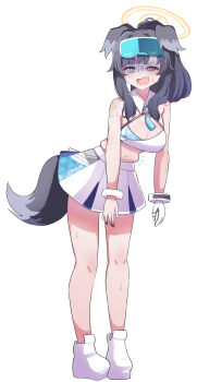 1girl absurdres animal_ears belly black_hair blue_archive breasts cheerleader commentary_request dog_ears dog_girl dog_tail fat full_body goggles goggles_on_head halo hibiki_(blue_archive) hibiki_(cheer_squad)_(blue_archive) highres long_hair looking_at_viewer millennium_cheerleader_outfit_(blue_archive) navel official_alternate_costume open_mouth panatisia shoes simple_background skirt solo standing star_(symbol) star_sticker sticker sticker_on_arm sticker_on_face sweatdrop tail white_background white_shoes yellow_halo