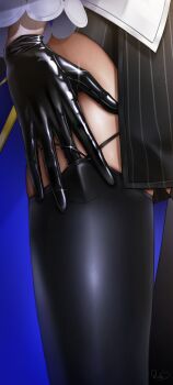 1girl absurdres black_gloves black_skirt black_thighhighs commentary detached_sleeves english_commentary finger_under_clothes gloves highres hololive hololive_english lower_body luke_s_(artist) ouro_kronii ouro_kronii_(1st_costume) pinstripe_pattern pinstripe_skirt signature skindentation skirt solo sparkle thigh_gap thighhighs thighs virtual_youtuber