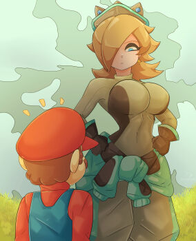 1boy 1girl absurdres alternate_costume assertive_female back blonde_hair blue_eyes breasts brown_hair clothes_around_waist cloud cloudy_sky earrings femdom gloves grass hands_on_own_hips hat highres jacket jacket_around_waist jewelry large_breasts looking_down mario mario_(series) mario_kart mario_kart_world nintendo official_alternate_costume one_eye_covered overalls pants rosalina rosalina_(pro_racer) sautencrer serious size_difference sky super_mario_galaxy tall_female