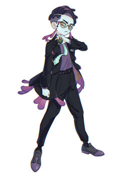 1boy :&lt; black-framed_eyewear black_hair black_jacket black_pants closed_mouth collared_shirt commentary_request corbeau_(pokemon) dusk_ball eyewear_strap full_body glasses highres holding jacket kntb5722 long_sleeves male_focus multicolored_hair necktie nintendo open_clothes orange_eyes pants poke_ball poke_ball_(basic) pokemon pokemon_legends:_z-a purple_hair purple_shirt round_eyewear shirt shirt_tucked_in shoes signature simple_background solo standing white_background white_necktie