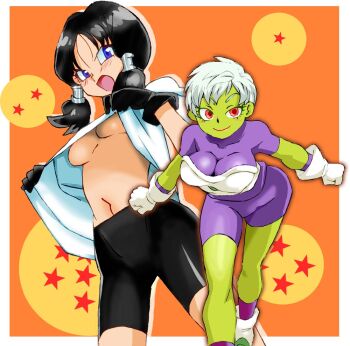 2girls alien angry armor bike_shorts black_bike_shorts black_gloves black_hair blue_eyes blush bodysuit boots breasts cheelai clothes_lift colored_skin dragon_ball dragon_ball_(object) dragon_ball_super dragon_ball_super_broly gloves green_skin hair_tubes large_breasts leaning_forward long_hair looking_at_viewer low_twintails multiple_girls navel onnaski open_mouth orange_background purple_bodysuit purple_socks red_eyes shirt shirt_lift short_hair short_sleeves smile socks standing star_(symbol) twintails underboob videl white_armor white_boots white_gloves white_hair white_shirt