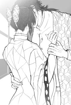 1boy 1girl animal_print butterfly_hair_ornament butterfly_print couple greyscale hair_ornament hand_on_another's_waist haori hetero highres holding_another's_wrist japanese_clothes kimetsu_no_yaiba kiss kochou_shinobu long_hair low_ponytail medium_hair monochrome ponytail print_haori tomioka_giyuu updo upper_body waanquv wide_sleeves