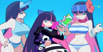 1girl absurdres bandeau bare_shoulders bead_bracelet beads bikini black_dress blue-framed_eyewear blue_background blue_bandeau blue_bikini blue_bow blue_dress blue_eyes blue_hair blue_nails blunt_bangs bow bracelet breasts bright_pupils candy cleavage colored_inner_hair commentary contrapposto cowboy_shot cup dress drinking english_commentary flower food fruit hair_bow hair_flower hair_ornament hand_on_own_hip hand_up highres holding holding_candy holding_cup holding_food holding_lollipop jewelry juliet_sleeves large_breasts lime_(fruit) lollipop long_hair long_sleeves looking_at_viewer multicolored_bikini multicolored_dress multicolored_hair multiple_persona nail_polish navel one_eye_closed open_mouth panty_&amp;_stocking_with_garterbelt pink_hair print_bikini profile puffy_sleeves simple_background stocking_(psg) straight_hair striped_bandeau striped_bikini striped_clothes stuffed_toy sunglasses swimsuit two-tone_bandeau two-tone_bikini two-tone_hair very_long_hair visor_cap w_arms werfmight white_bandeau white_dress white_pupils