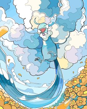 altaria closed_eyes cloud commentary_request day falling_petals field flower flower_field gen_3_pokemon happy highres mega_altaria mega_pokemon nintendo no_humans official_art open_mouth orange_flower outdoors petals pokemon pokemon_(creature) pokemon_focus sky solo