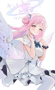 1girl absurdres angel_wings blue_archive blue_bow blush bow breasts buttons capelet crescent double-breasted dress feathered_wings flower frilled_dress frills gold_trim hair_bun hair_flower hair_ornament halo highres loloco looking_at_viewer low_wings medium_breasts mika_(blue_archive) pantyhose pink_halo purple_flower scrunchie simple_background single_hair_bun single_side_bun sleeveless sleeveless_dress smile solo white_background white_capelet white_dress white_pantyhose white_wings wing_ornament wings wrist_scrunchie yellow_eyes