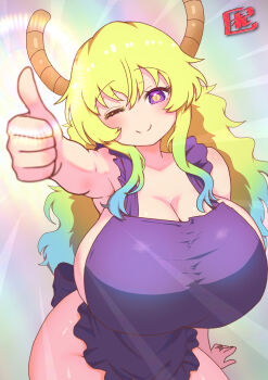 1girl alternate_costume apron blonde_hair blush breasts closed_mouth commentary_request dragon_girl dragon_horns green_hair highres horns huge_breasts kobayashi-san_chi_no_maidragon looking_at_viewer lucoa_(maidragon) naked_apron one_eye_closed purple_apron purple_eyes reiwa_rerere smile solo thumbs_up